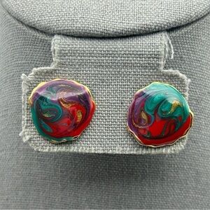 Vintage Purple, Green, Red and Gold Tone Swirl Round Lightweight Stud Earrings